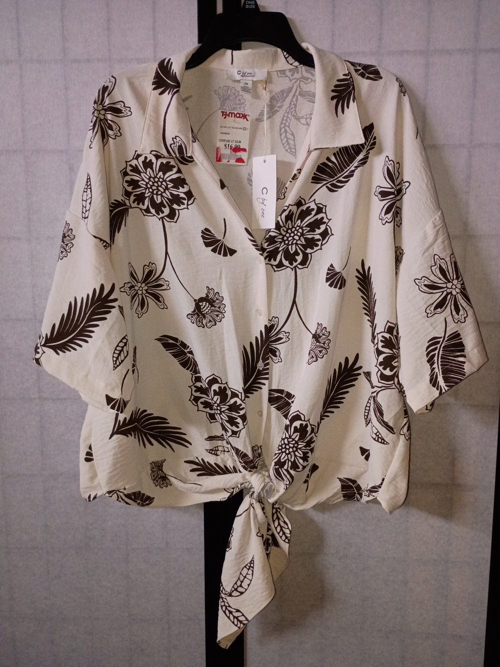 C by One Tie-Front Button Shirt - Cream/Brown